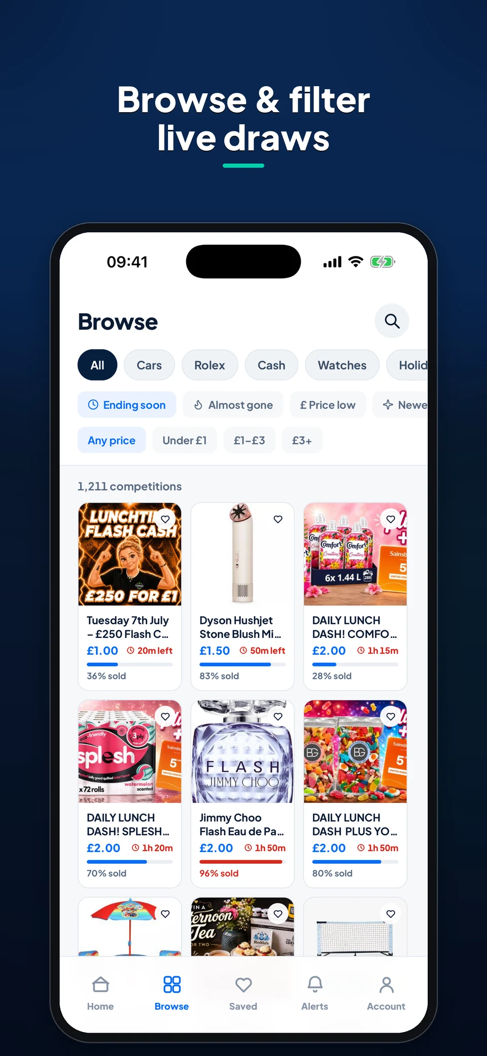The Comp App Browse screen, with competition categories and price filters.