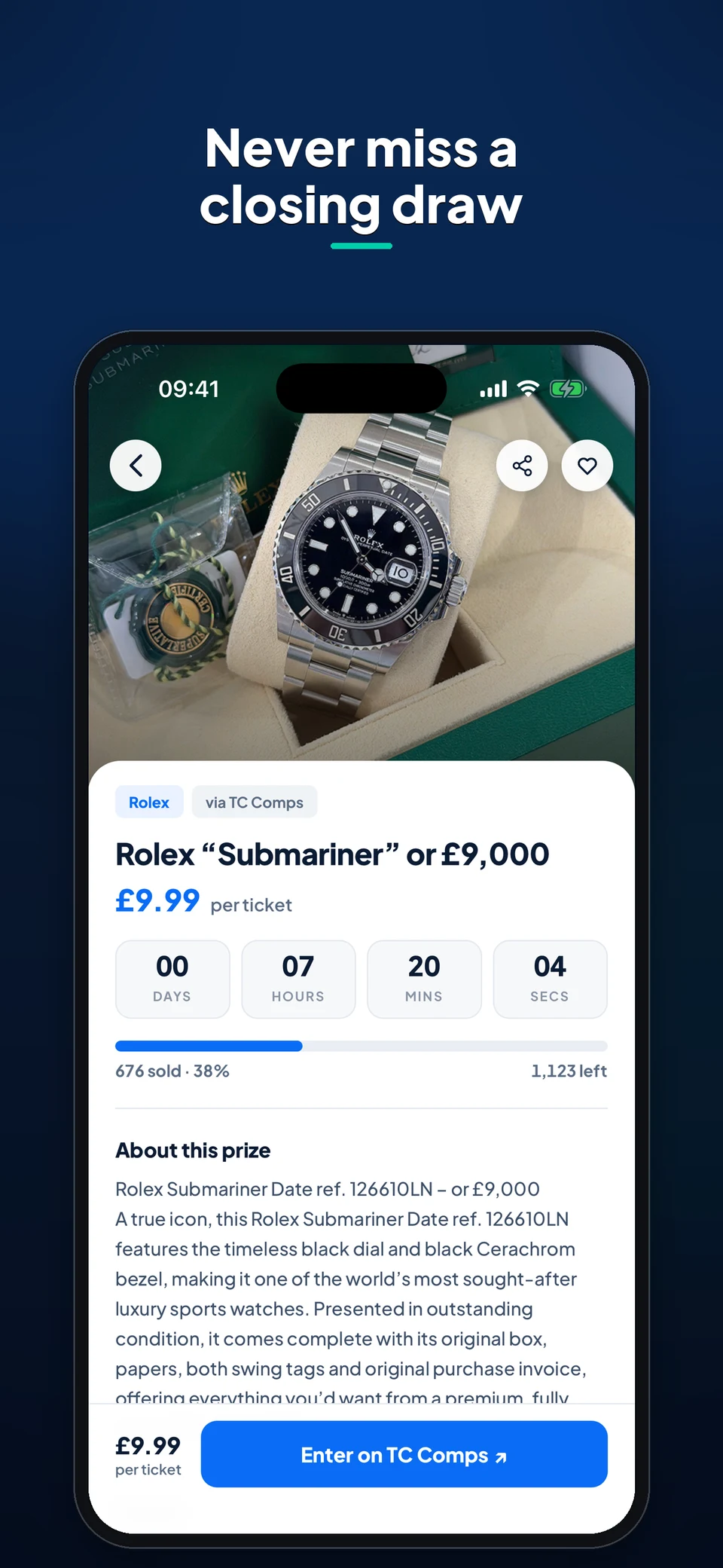 A competition detail screen in The Comp App showing price, closing time, ticket information and an operator link.