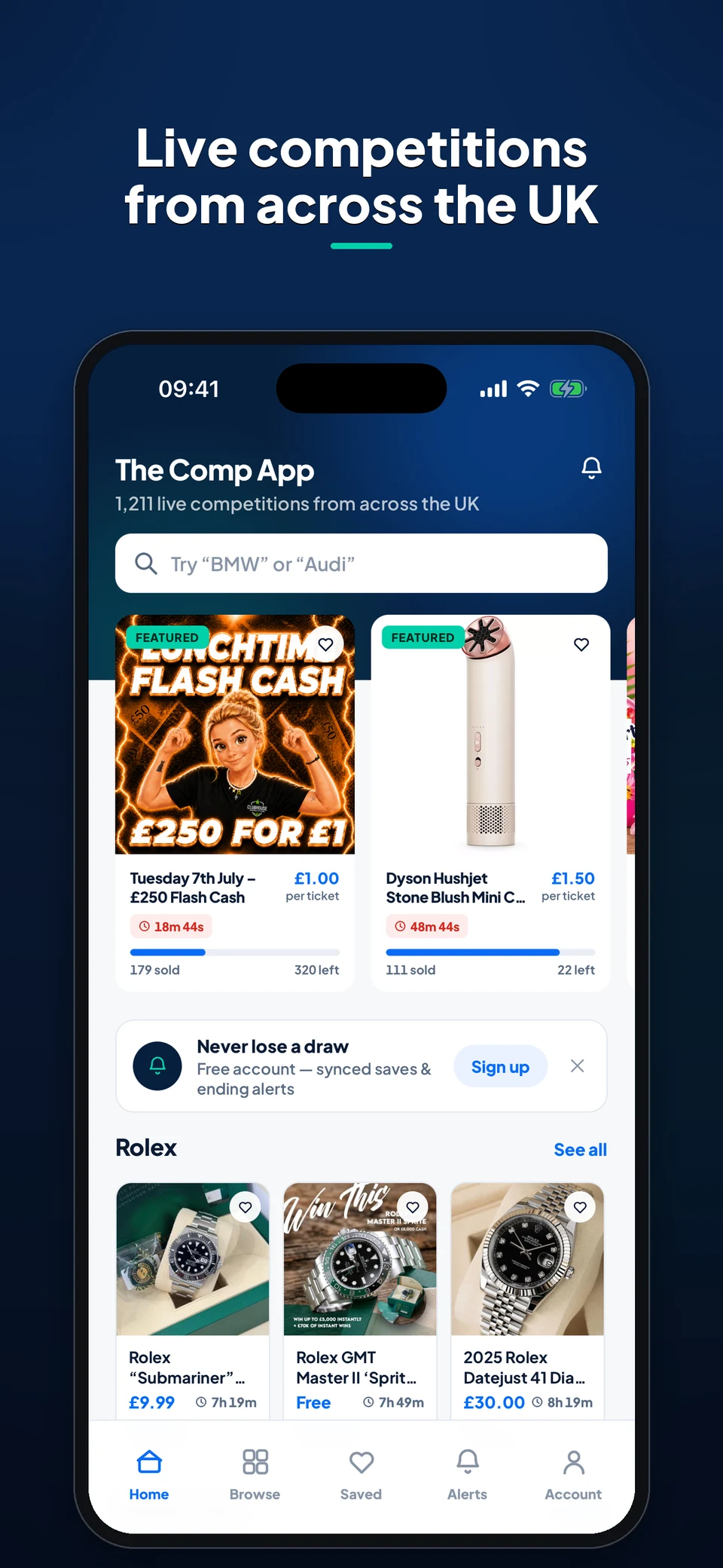 Preview of the published CompApp mobile app showing featured competitions and category browsing.